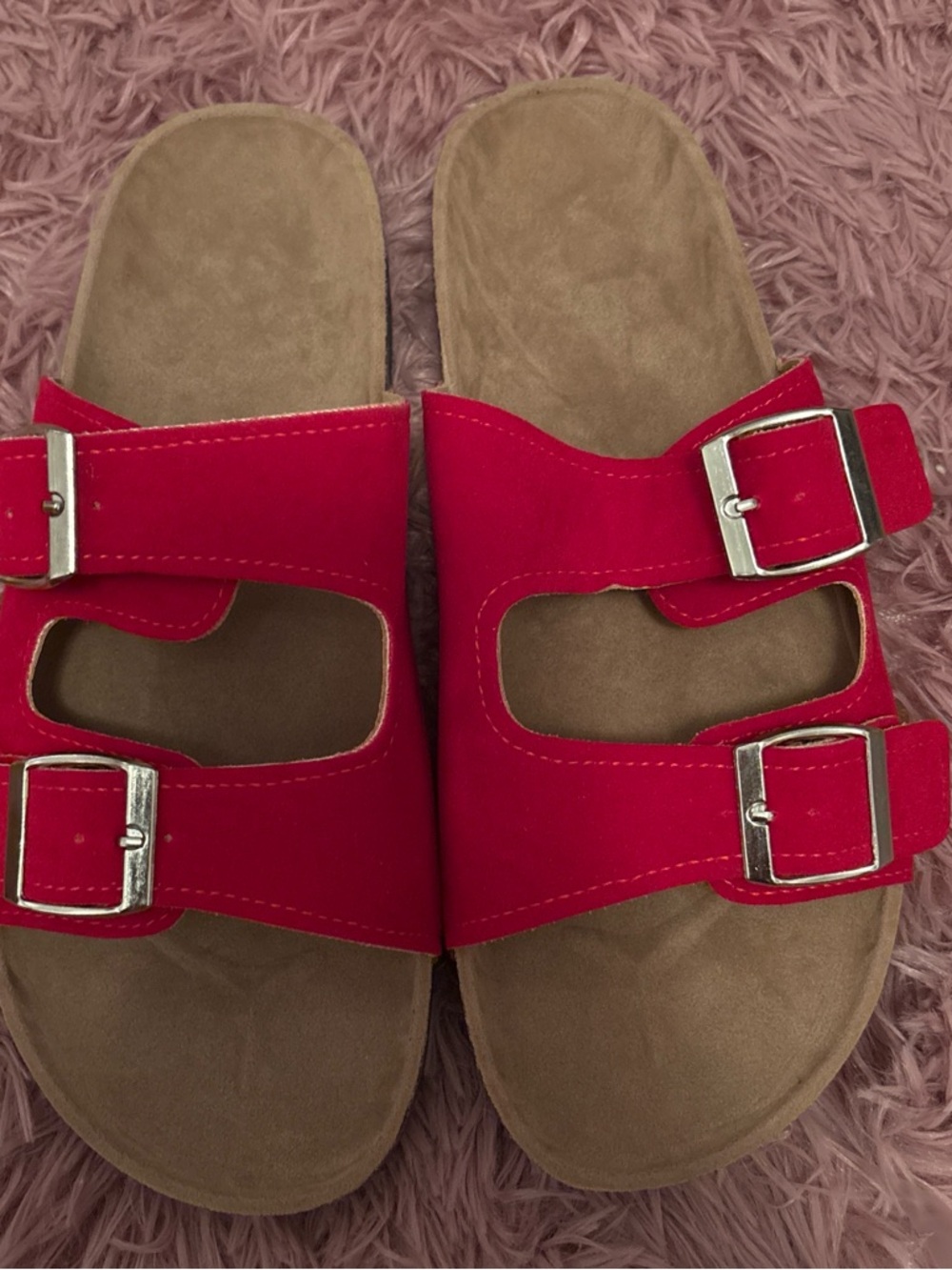 SHEIN RED Dual Buckle Slide Sandals - Women